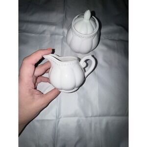 Cellini White Ceramic Pumpkin Creamer and Sugar Bowl Set Glossy Farmhouse